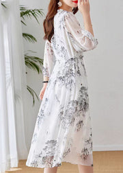 Boutique White Ruffled Print Patchwork Silk Dress Summer