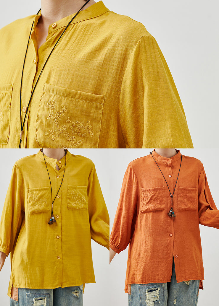 Boutique Yellow Embroidered Linen Shirt Tops Bracelet Sleeve