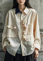 Brief Apricot Peter Pan Collar Ruffled Patchwork Shirts Fall