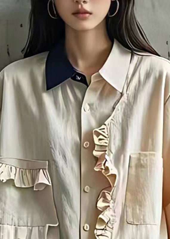 Brief Apricot Peter Pan Collar Ruffled Patchwork Shirts Fall