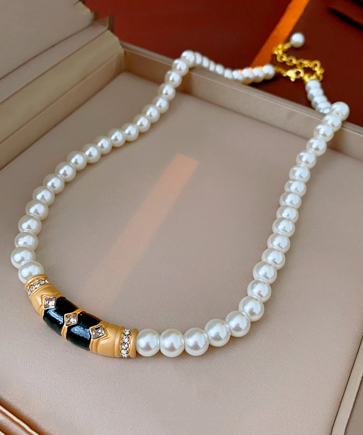 Brief White Alloy Pearl Zircon Drip Graduated Bead Necklace