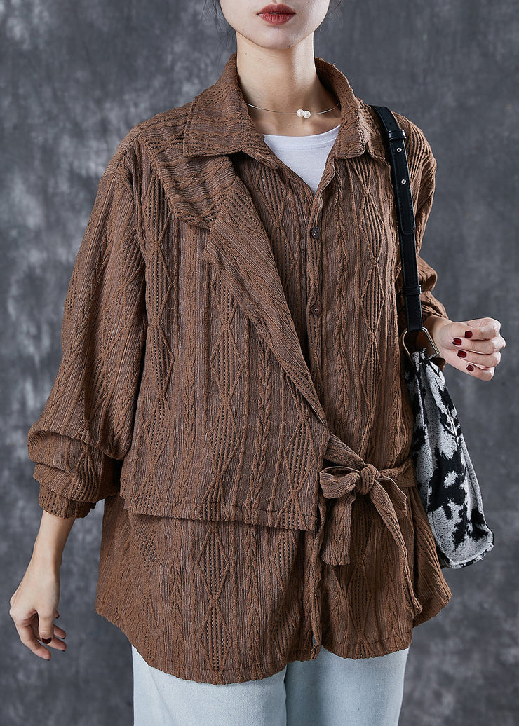 Brown Cotton Shirt Top Asymmetrical Lace Up Spring