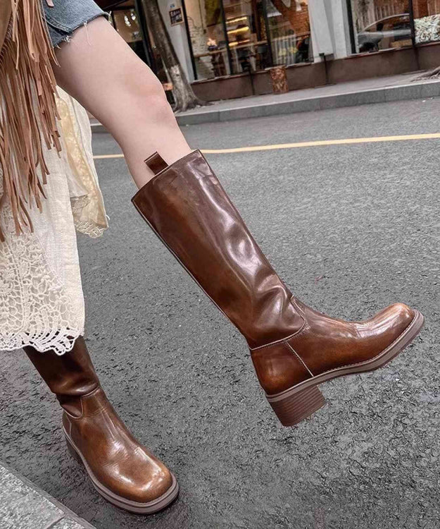 Brown High Boots Chunky Heel Faux Leather Chic Splicing