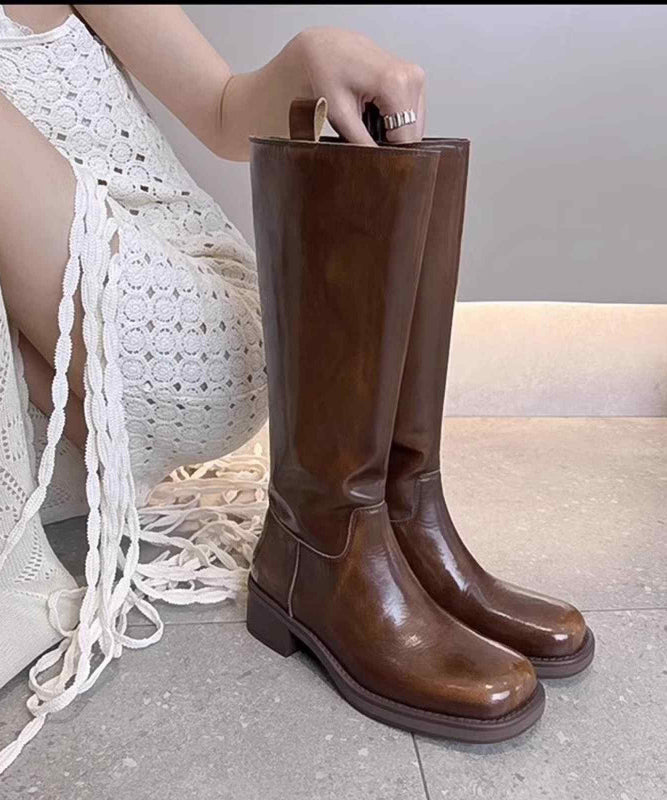 Brown High Boots Chunky Heel Faux Leather Chic Splicing