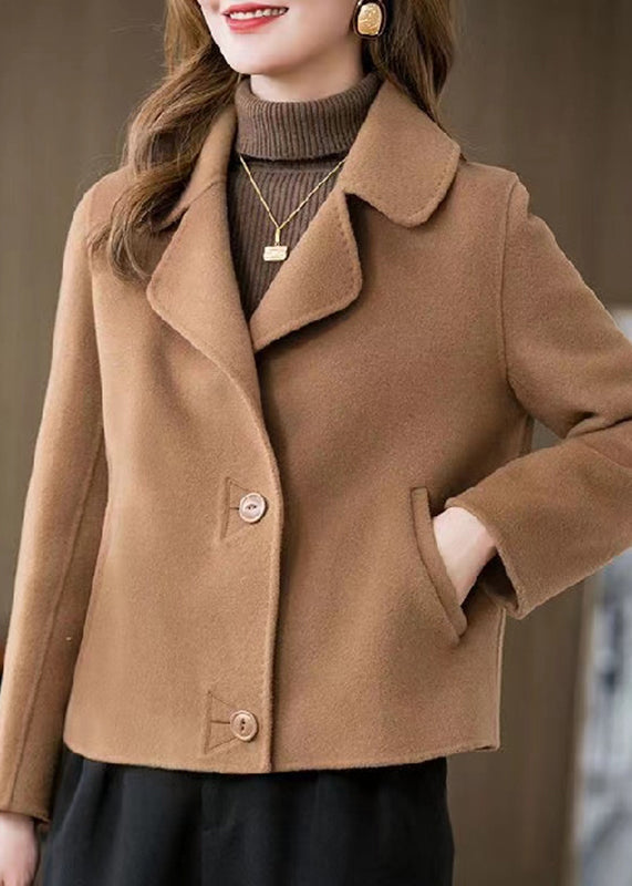 Camel Peter Pan Collar Woolen Coat Long Sleeve