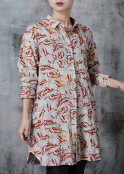 Casual Apricot Peter Pan Collar Print Linen Long Shirts Summer