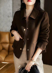 Casual Beige Peter Pan Collar Pockets Woolen Coat Fall