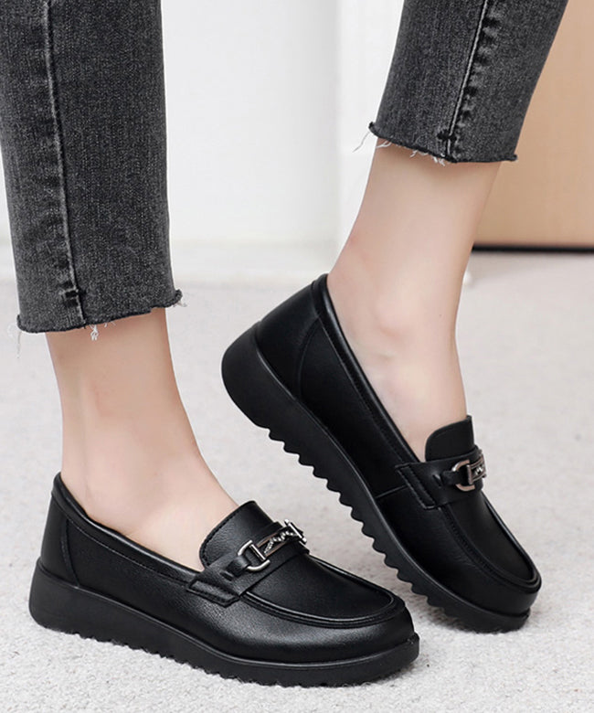 Casual Black Cowhide Leather Splicing Flat Feet Shoes