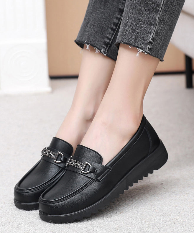 Casual Black Cowhide Leather Splicing Flat Feet Shoes