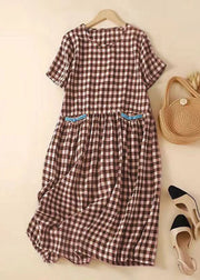 Casual Black Plaid O-Neck Patchwork Cotton Mid Dress Summer