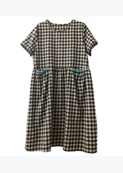 Casual Black Plaid O-Neck Patchwork Cotton Mid Dress Summer