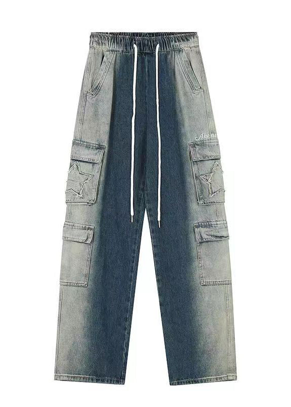 Casual Blue Gradient Pockets Drawstring Elastic Waist Denim Pants Spring