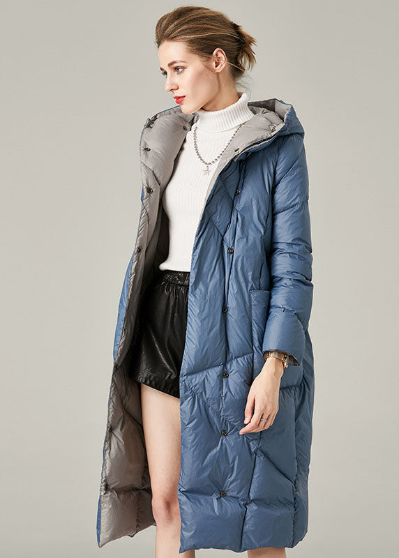 Casual Blue Hooded Pockets Duck Down Down Coat Winter