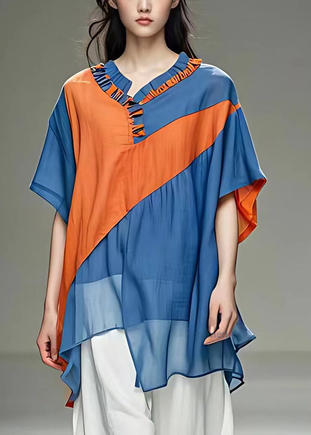 Casual Blue O-Neck Patchwork Chiffon Shirt Summer