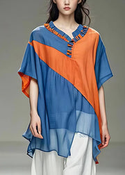 Casual Blue O-Neck Patchwork Chiffon Shirt Summer