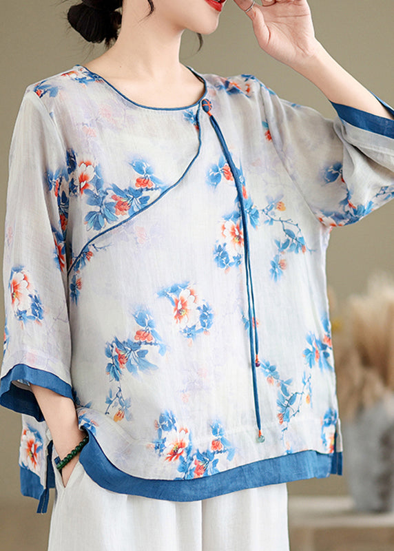 Casual Blue O-Neck Print Patchwork Shirt Long Sleeve