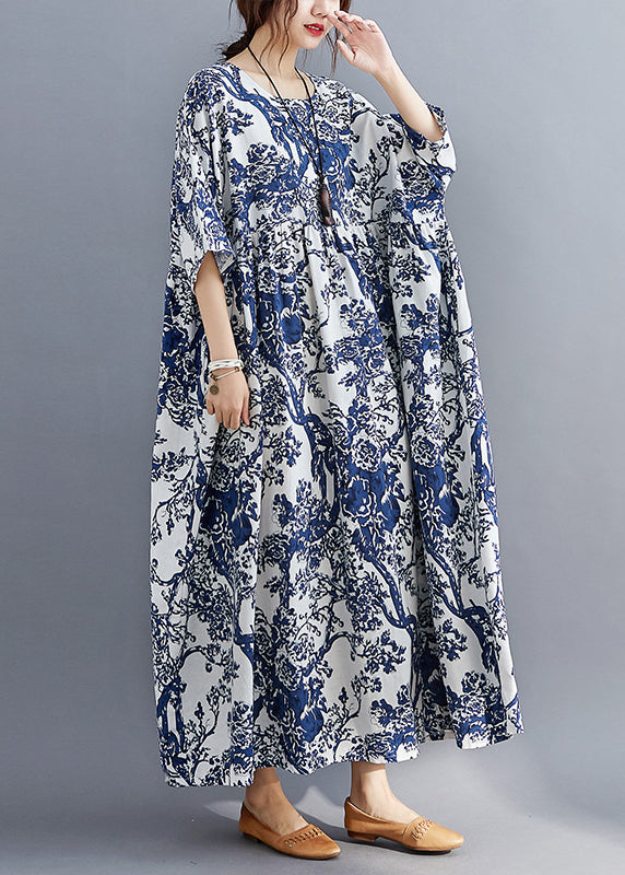 Casual Blue O-Neck Print Patchwork Wrinkled Maxi Dresses Summer