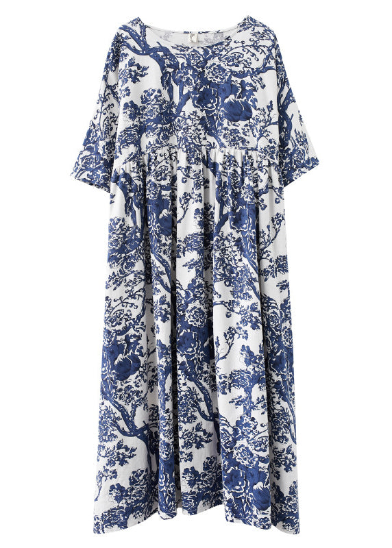 Casual Blue O-Neck Print Patchwork Wrinkled Maxi Dresses Summer