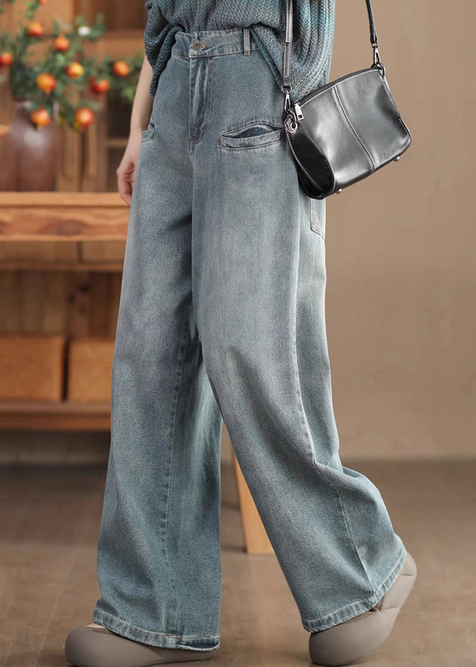 Casual Blue Pockets High Waist Denim Wide Leg Pants Spring