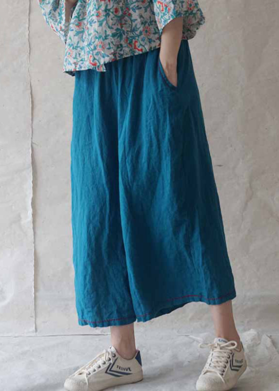 Casual Blue Pockets Solid Linen Wide Leg Pants Summer