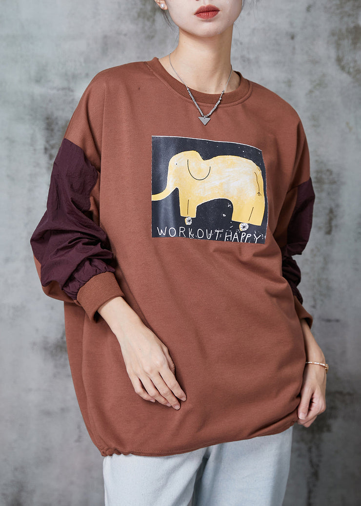 Casual Brown Oversized Patchwork Cotton Sweatshirt Spring