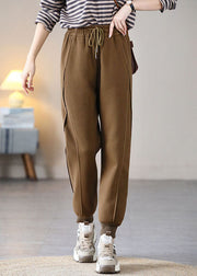 Casual Coffee Elastic Waist Patchwork Drawstring Warm Fleece Pants Trousers Spring