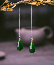 Casual Gold Sterling Silver Jade Water Drops Drop Earrings