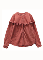 Casual Green Ruffled Button Patchwork Cotton Blouse Tops Long Sleeve