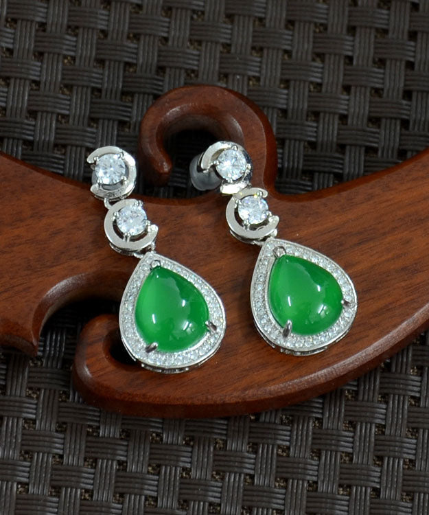 Casual Green Sterling Silver Inlaid Zircon Chalcedony Water Drop Drop Earrings