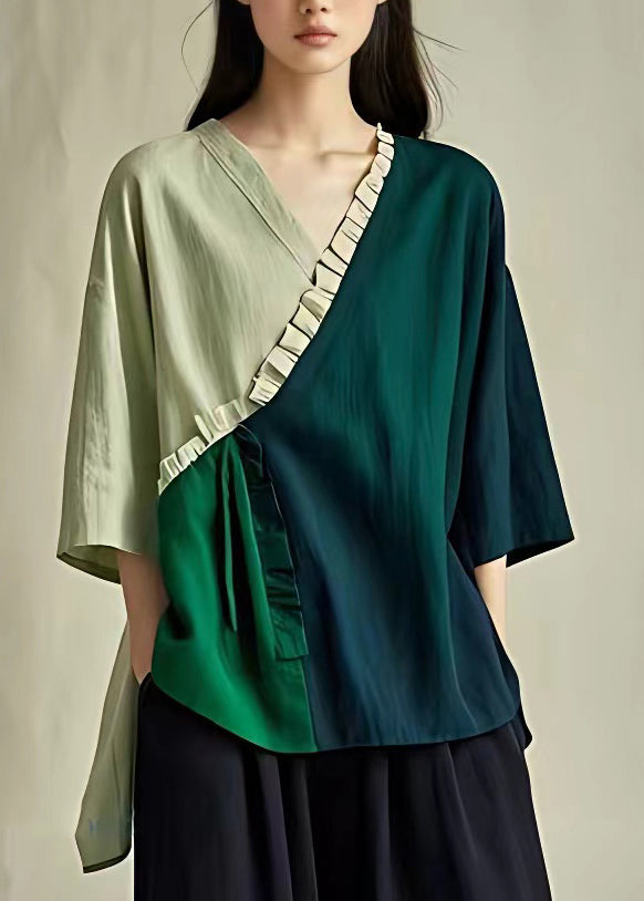 Casual Green V Neck Ruffled Patchwork Shirts Summer