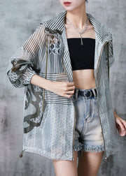 Casual Grey Hooded Print Spandex UPF 50+ Coat Jacket Summer