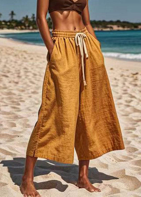 Casual Khaki Patchwork Elastic Waist Wide Leg Pants