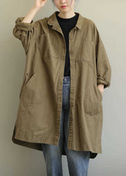 Casual Khaki Peter Pan Collar Pockets Patchwork Cotton Coat Long Sleeve