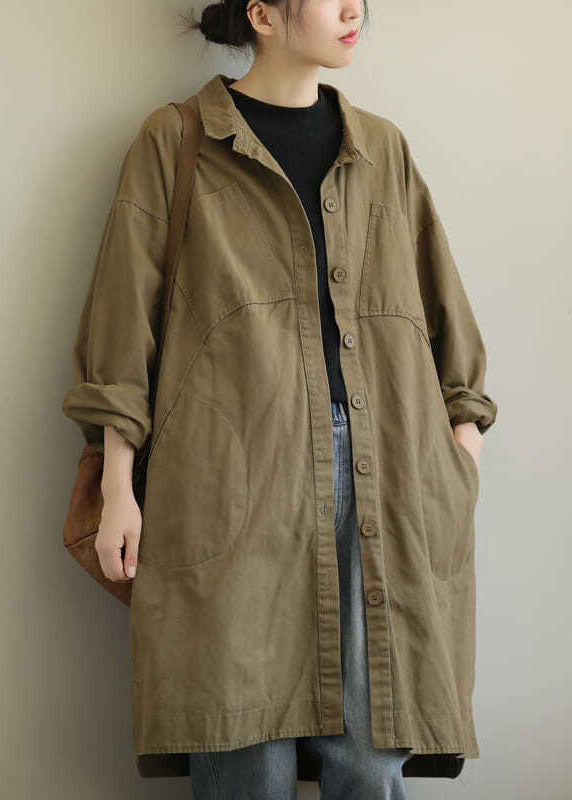 Casual Khaki Peter Pan Collar Pockets Patchwork Cotton Coat Long Sleeve