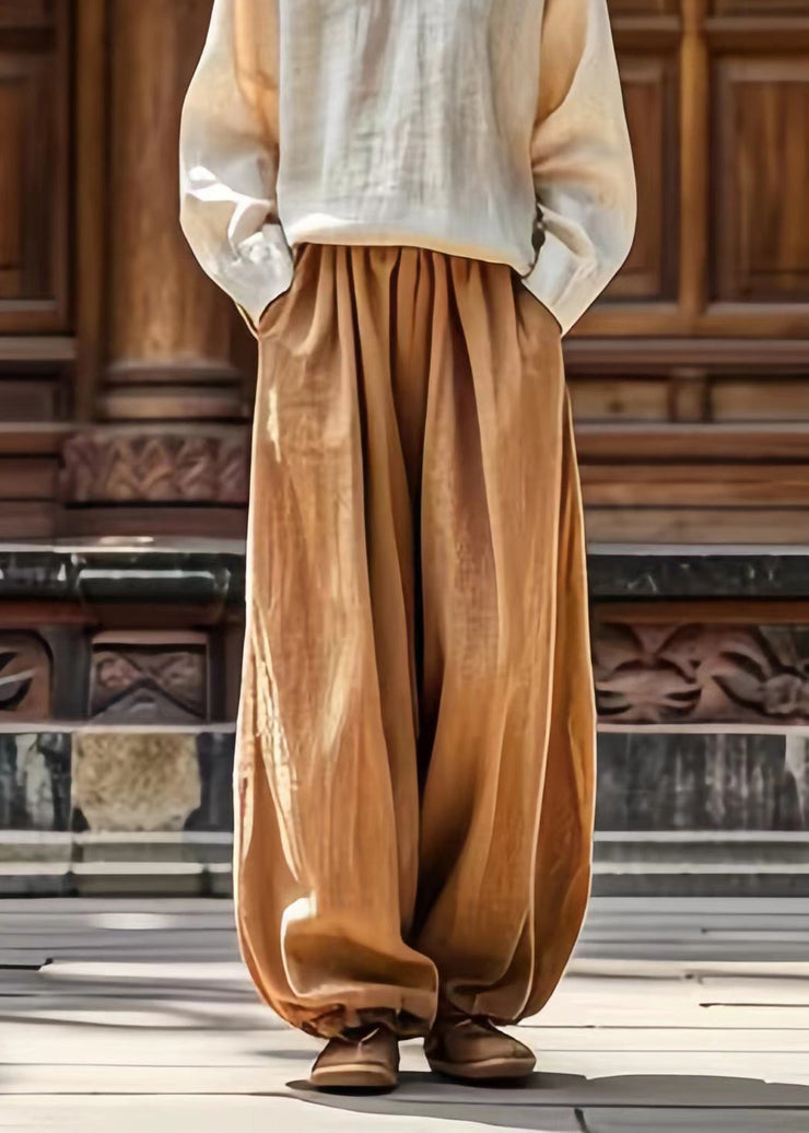 Casual Khaki Pockets Tie Waist Wide Leg Pants Summer