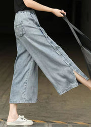 Casual Light Blue Elastic Waist Side Open Denim Crop Pants Summer