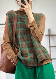 Casual Loose Coffee Green O Neck Plaid Knit Vest Sleeveless