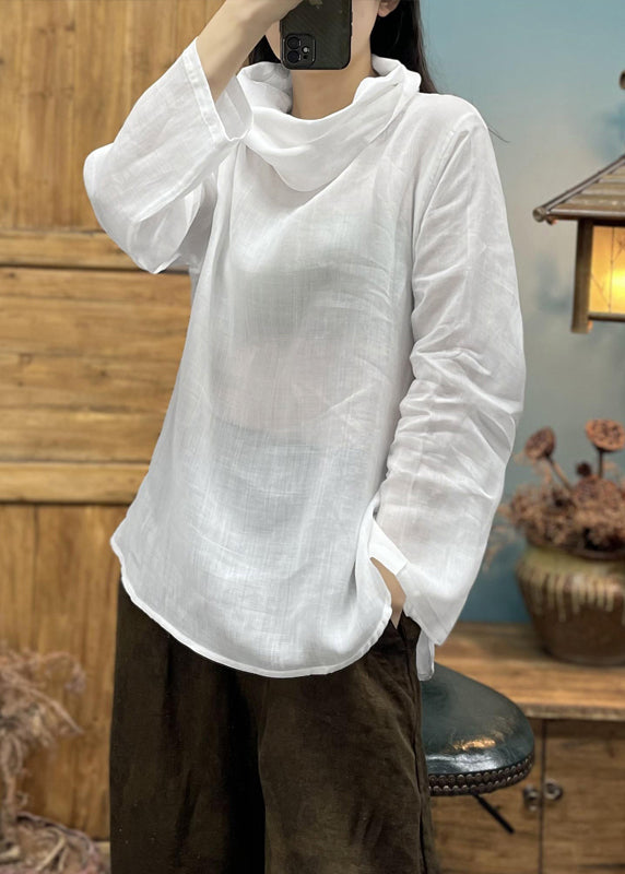 Casual Loose Coffee Turtle Neck Linen Top Long Sleeve