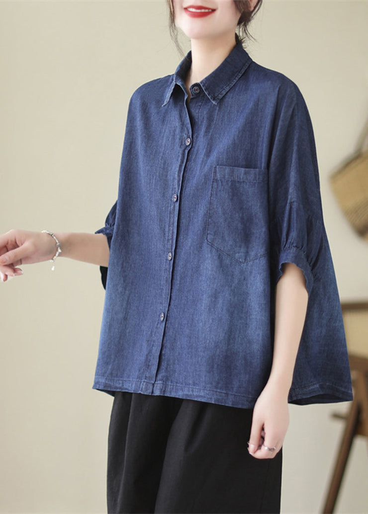 Casual Navy Oversized Washed Denim Blouses Batwing Sleeve