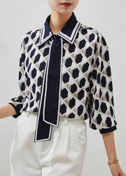 Casual Navy Peter Pan Collar Print Chiffon Blouses Summer