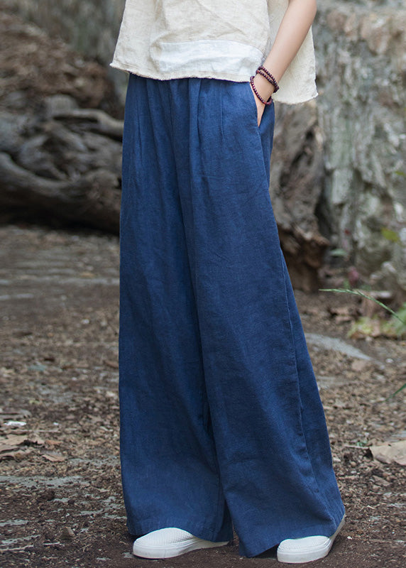 Casual Navy Pockets Elastic Waist Linen Wide Leg Pants Summer