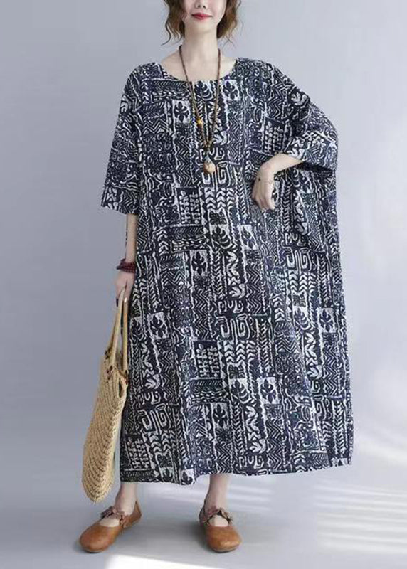 Casual O-Neck Print Long Dress Half Sleeve