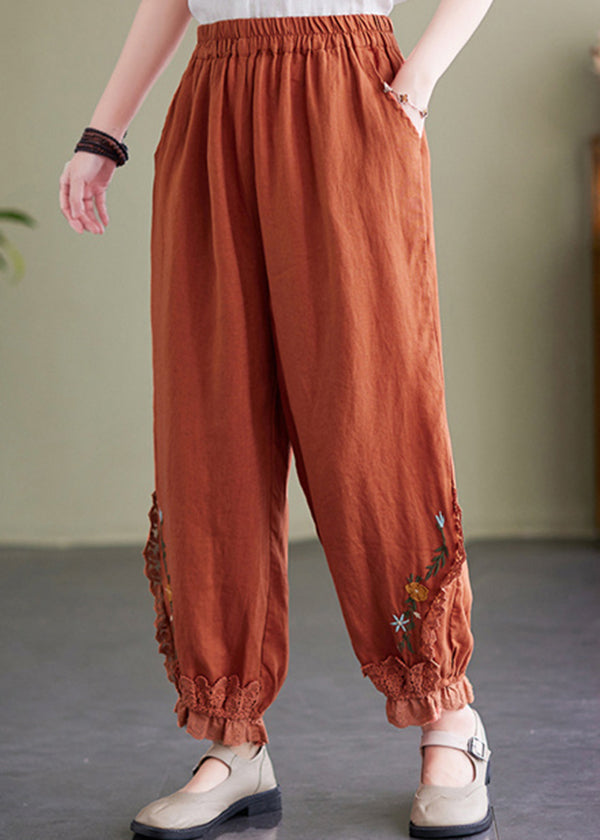 Casual Orange Embroideried Pockets Linen Lantern Pants Summer