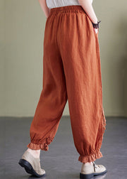 Casual Orange Embroideried Pockets Linen Lantern Pants Summer