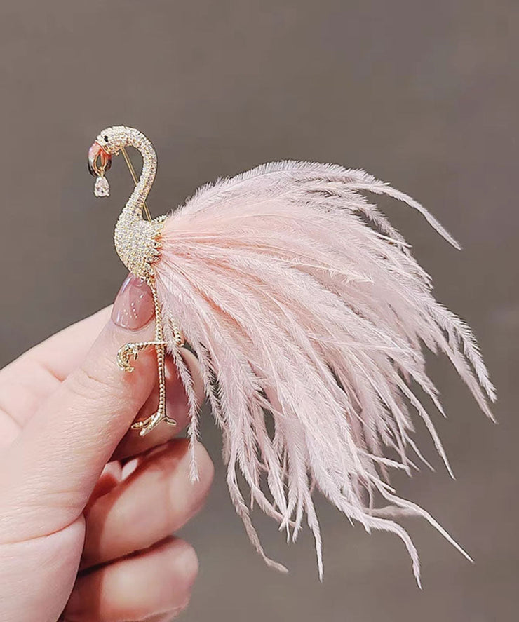 Casual Pink Alloy Inlaid Zircon Flamingo Feather Brooches