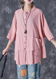 Casual Pink Button Down Pockets Linen Blouses Batwing Sleeve