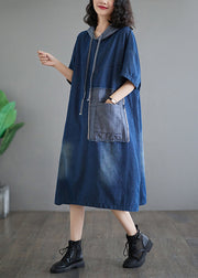 Casual Plus Size Blue Hooded Patchwork Denim Dress Summer