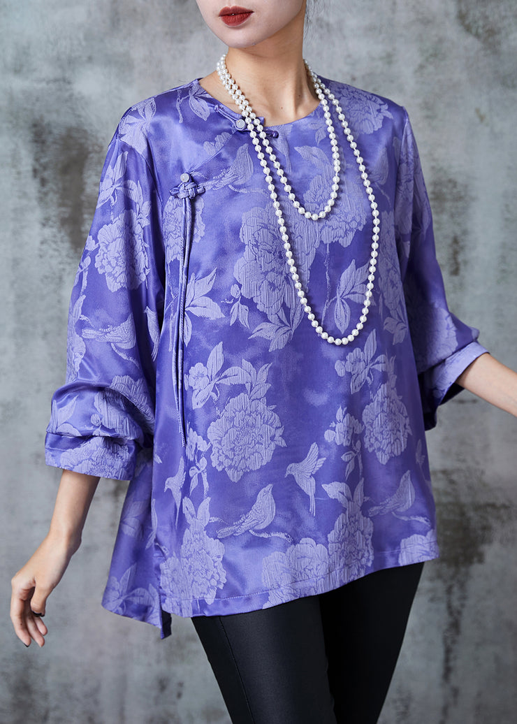 Casual Purple Jacquard Silk Oriental Shirt Top Fall