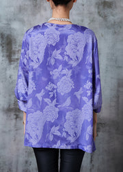 Casual Purple Jacquard Silk Oriental Shirt Top Fall