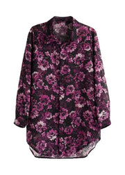 Casual Purple Print Peter Pan Collar Button Chiffon Shirts Fall